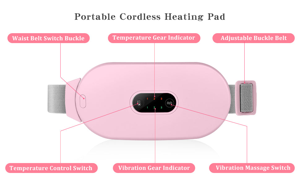 Heating Pads, Glyduny Period Cramp Massager Portable Cordless Heating Pad with 6 Heat Levels and 6 Massage Modes for Back Pain Relief Menstrual Heating Pad (Pink)