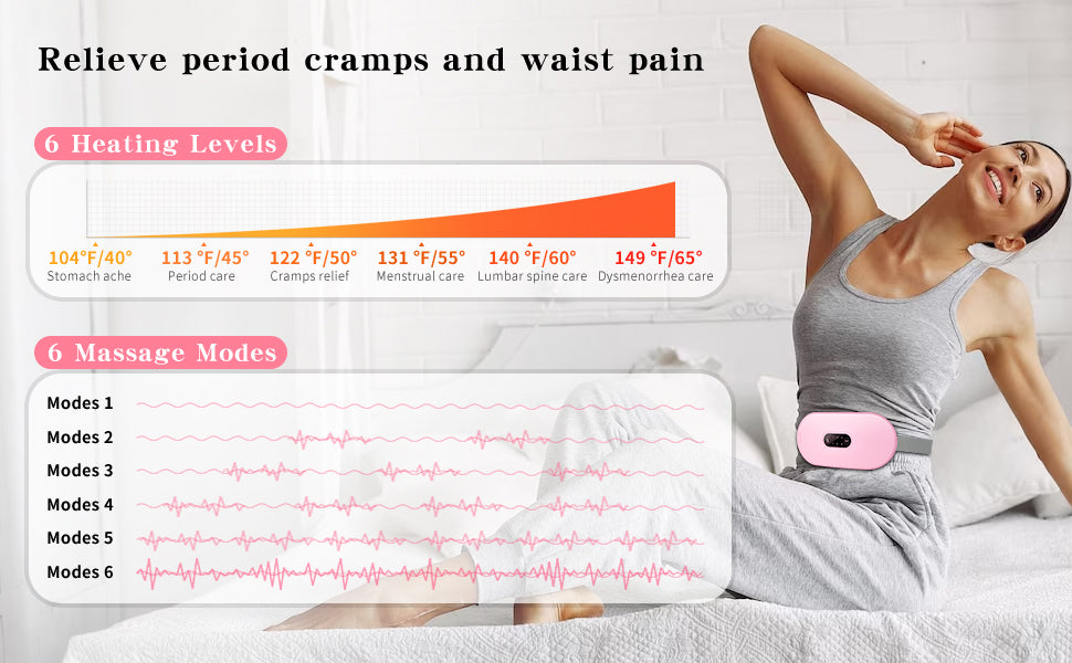 Heating Pads, Glyduny Period Cramp Massager Portable Cordless Heating Pad with 6 Heat Levels and 6 Massage Modes for Back Pain Relief Menstrual Heating Pad (Pink)