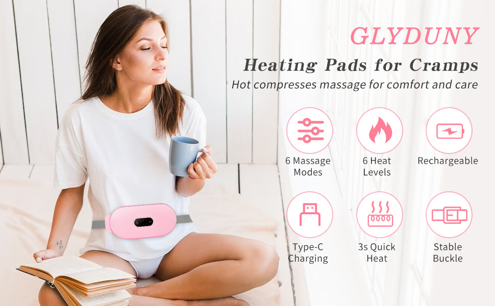 Heating Pads, Glyduny Period Cramp Massager Portable Cordless Heating Pad with 6 Heat Levels and 6 Massage Modes for Back Pain Relief Menstrual Heating Pad (Pink)