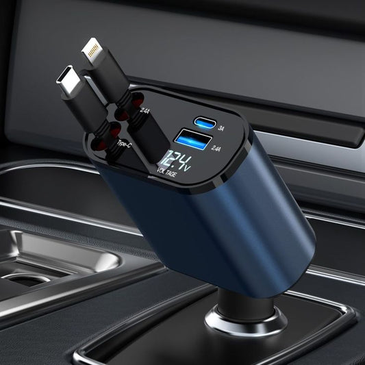 Retractable Car Charger, 4-in-1 Fast Car Phone Charger Featuring a 2.6ft Retractable Cord, with Lightning and USB-C Cable Car Charger Adapters, Compatible All Other Phone Models
